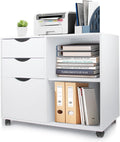 3 Drawer Wood File Cabinet with Rolling Wheels and Storage Shelves, White P727