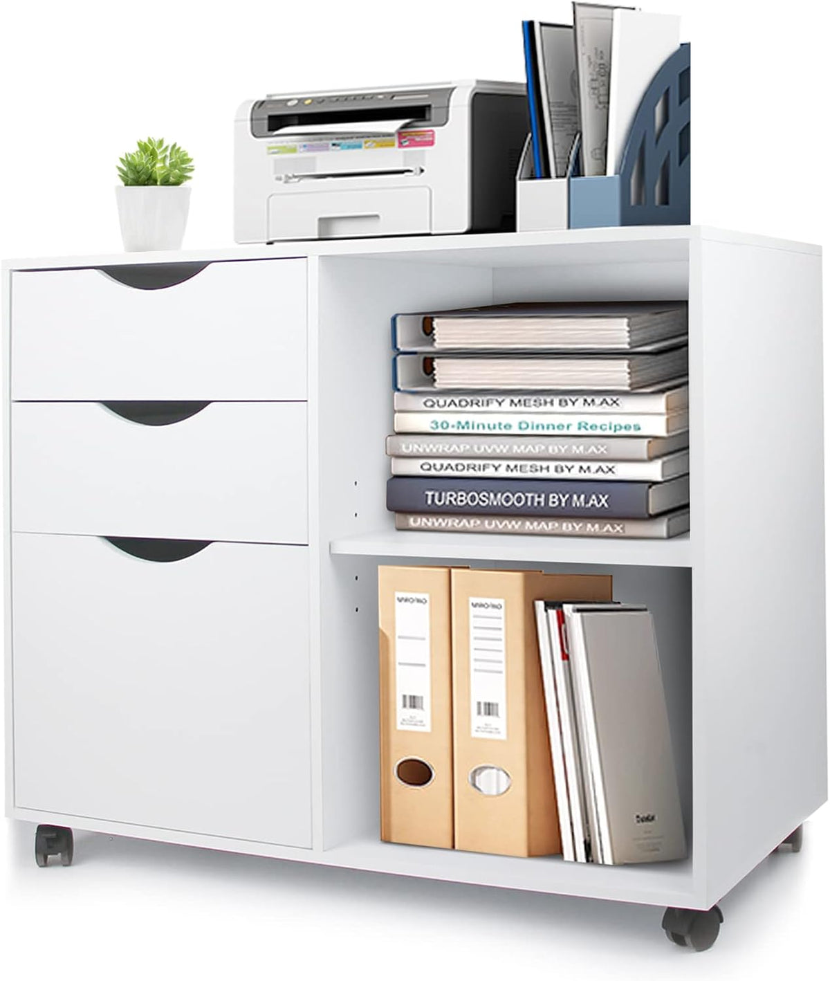 3 Drawer Wood File Cabinet with Rolling Wheels and Storage Shelves, White P727