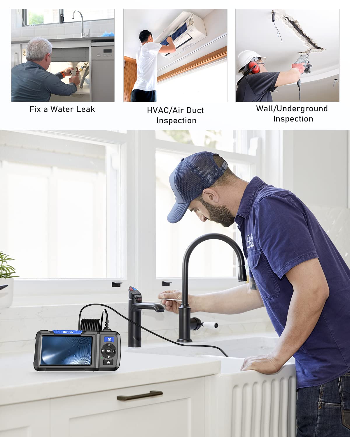 Dual Lens Industrial Endoscope 1080P Digital Borescope Inspection Camera with Light IP67 Waterproof 4.5 Screen 32GB Card 11.5FT Cable S301