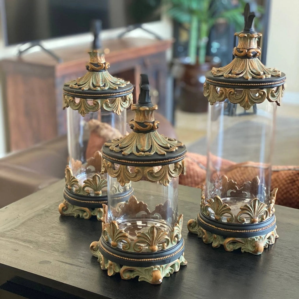Antiqued Gold 3-Piece Glass Cylinder Canister Set K408497