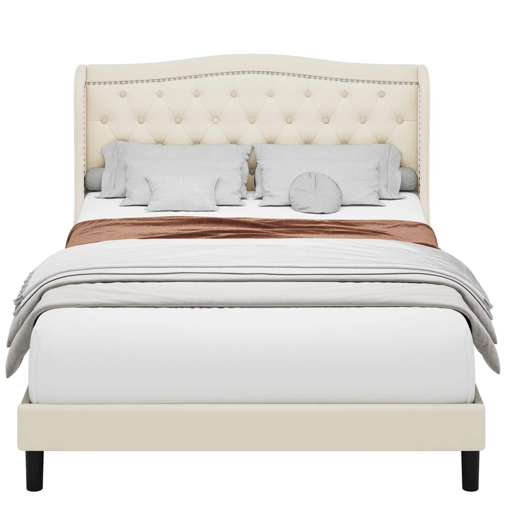 King Bed Frame with Wing-Back Button Tufted Upholstered Headboard D2126
