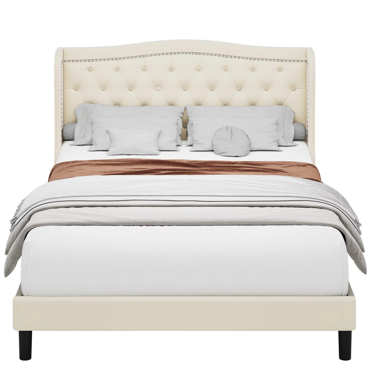 King Bed Frame with Wing-Back Button Tufted Upholstered Headboard D2126