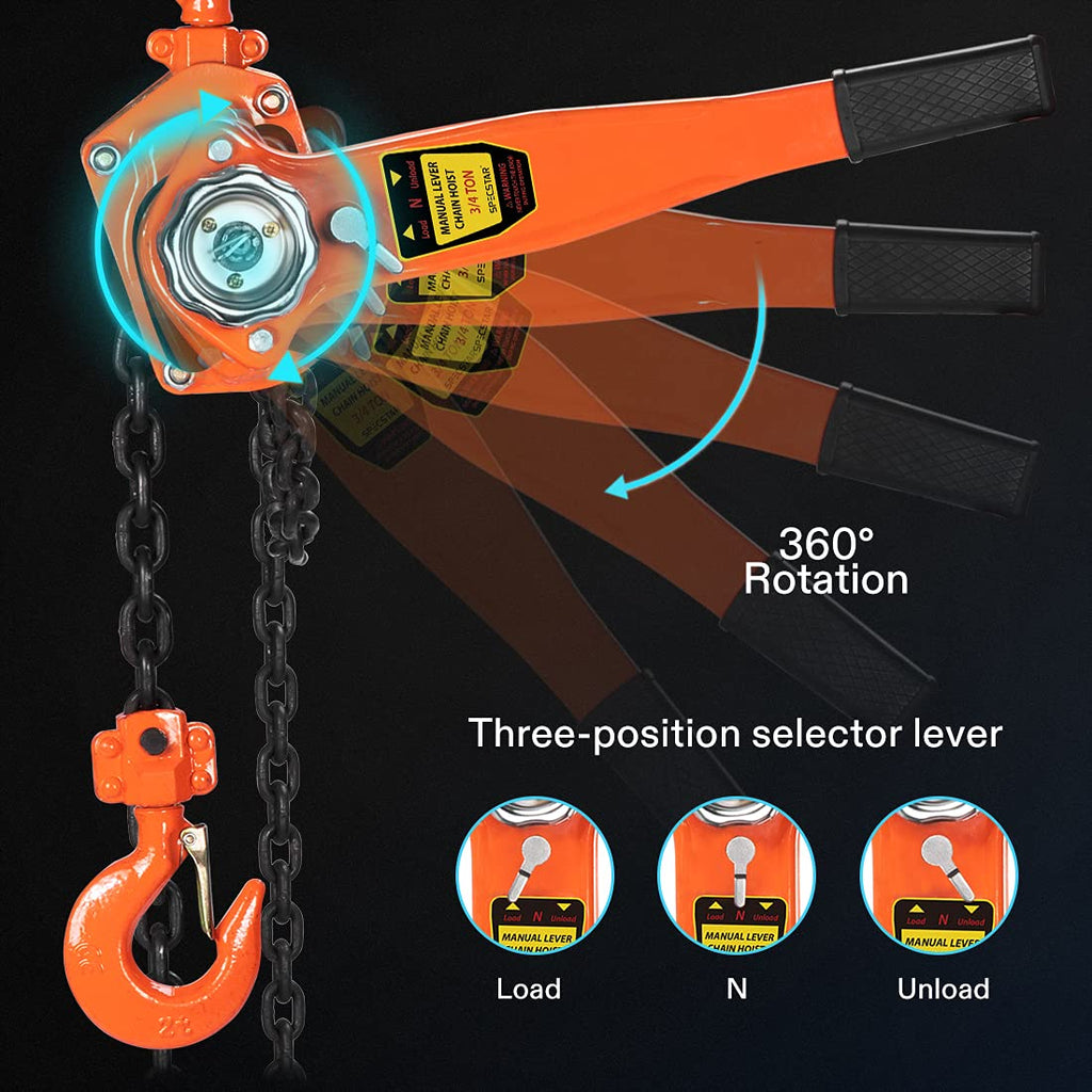 3/4 Ton Capacity 5 Feet Lever Chain Hoist with 2 Hooks J53385
