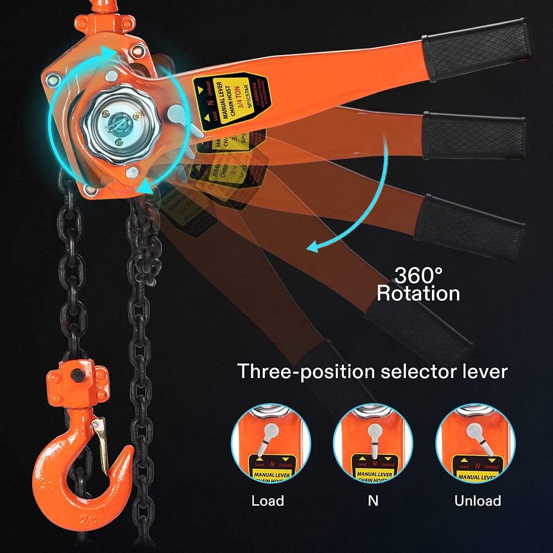 3/4 Ton Capacity 5 Feet Lever Chain Hoist with 2 Hooks J53385