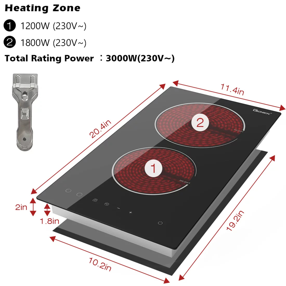 2 Burner Electric Cooktop, 12 Inch Ceramic Cooktop, 3000W O24759