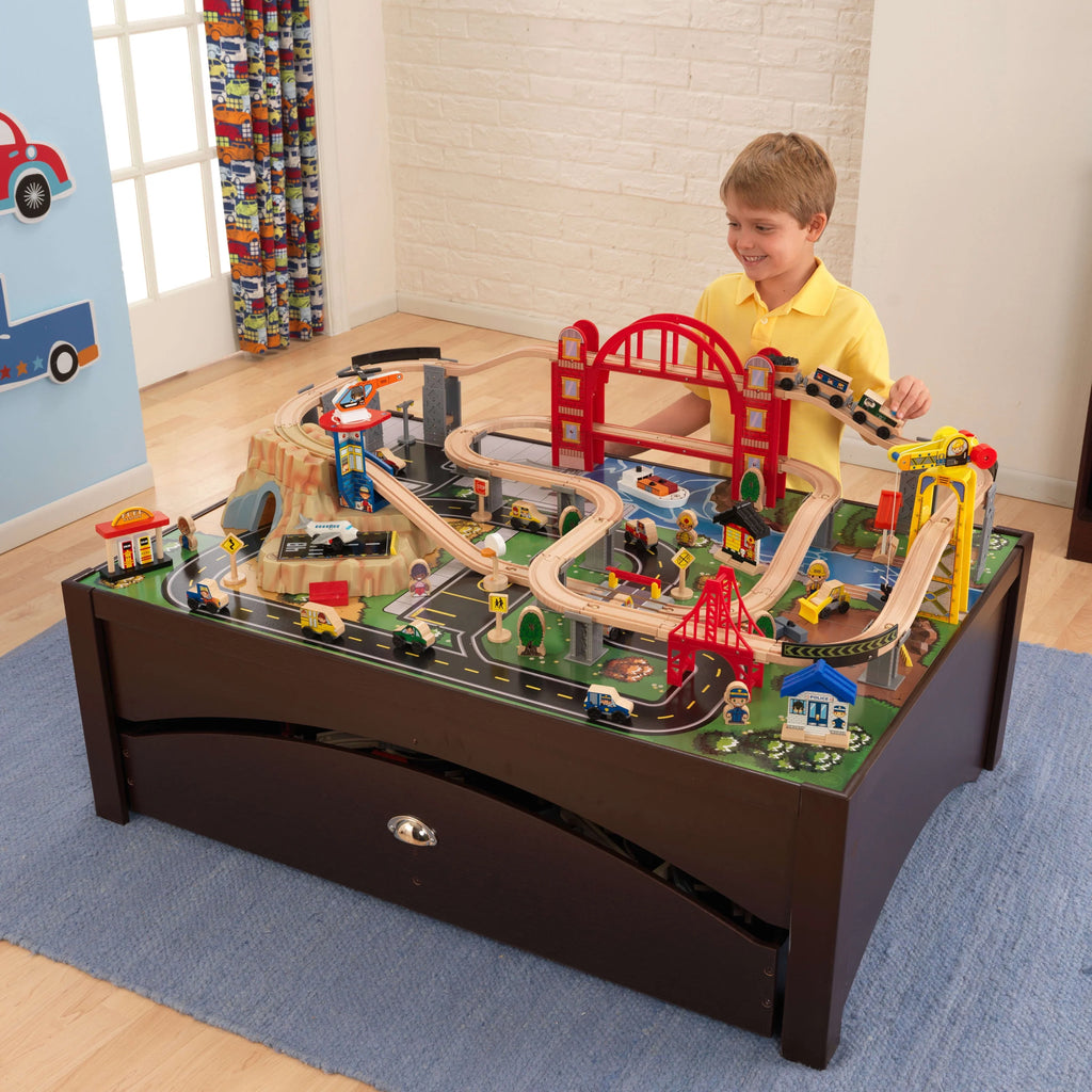 Wooden Train Set and Train Table with 100 Accessories X253