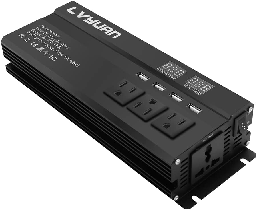 1000W Car Power Inverter DC 12V to 110V AC with 4 Outlets, 4 USB Ports, LED Display, Pack of 2 R3463