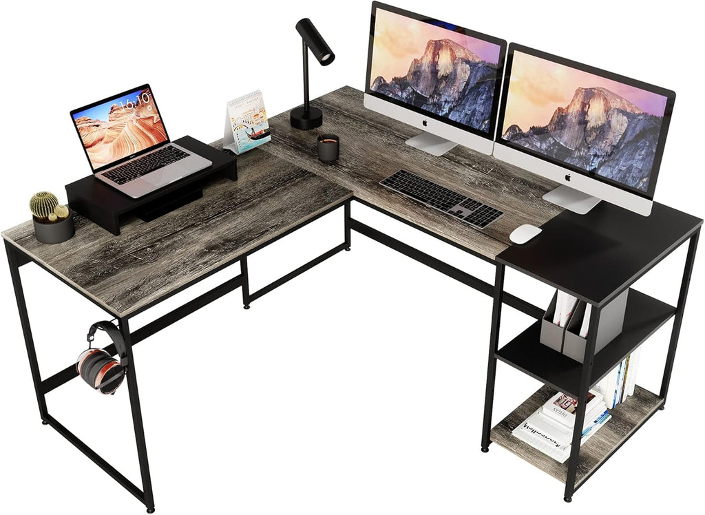 Grey Oak L Shaped Desk with Shelves 95.2 Inch Reversible Corner Computer Desk W42339