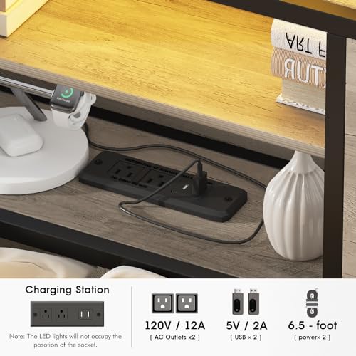 Queen Size Bed Frame with 4 Drawers LED Light and Headboard Storage Shelves, Wash Grey M85624