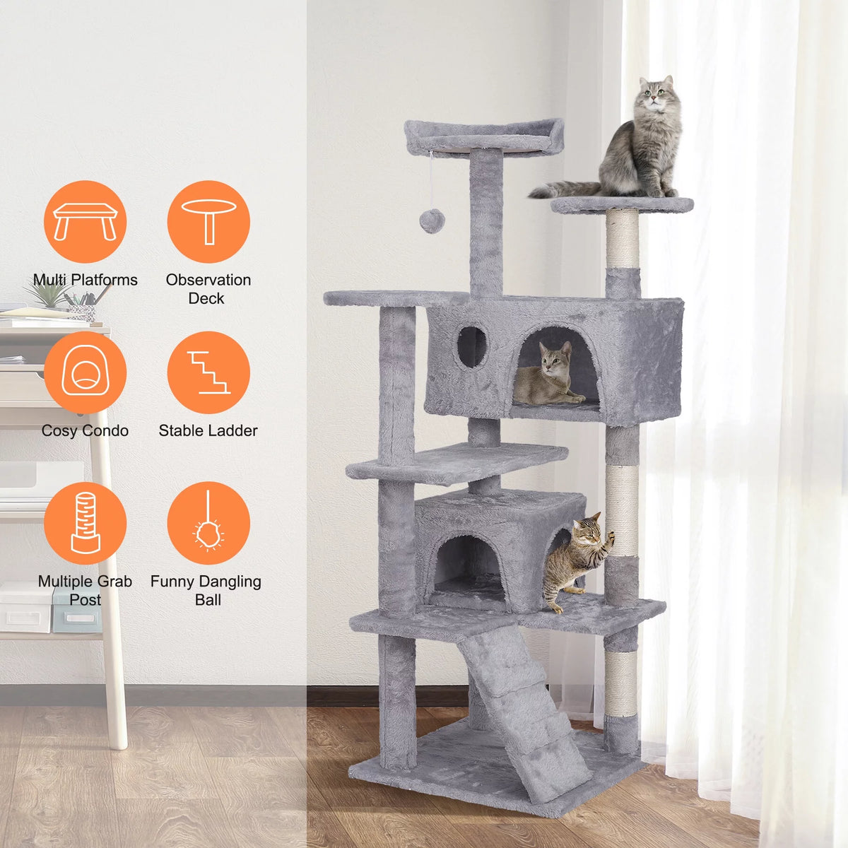 55-in Light Gray Cat Tree & Scratching Post Tower D3452