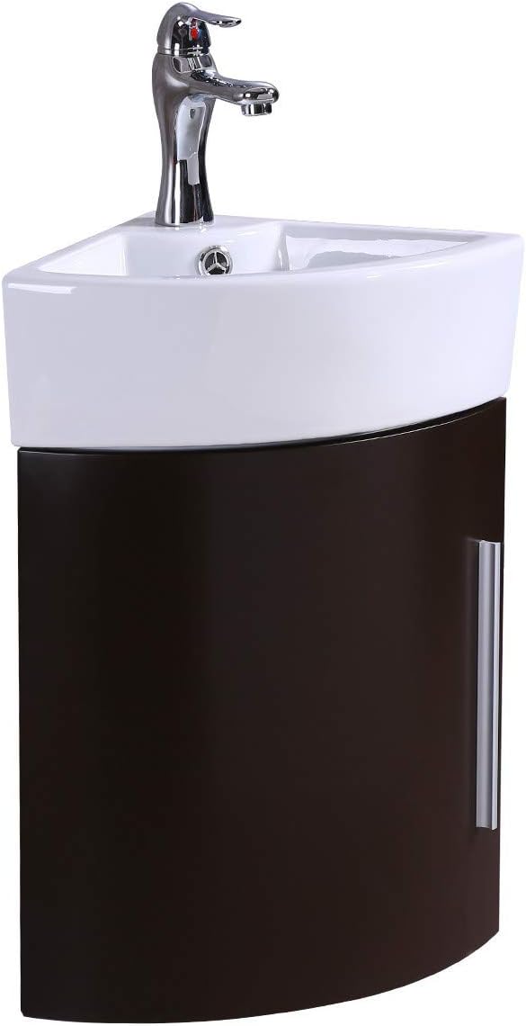 White Vitreous China Wall Mount Vanity Sink with Dark Oak Cabinet and Chrome Faucet A10118