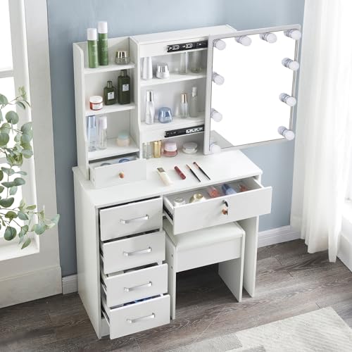 Makeup Vanity Desk with Lighted Mirror, 6 Drawers, and Upholstered Stool L9267