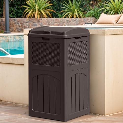 33 Gallon Dark Brown Outdoor Trash Can with Lid D9875
