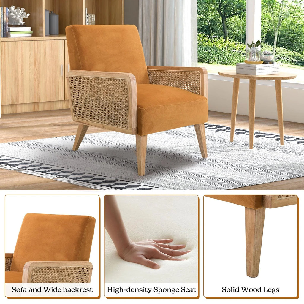 Yellow Fabric Upholstered Accent Chair with Rattan Armrests Z44437