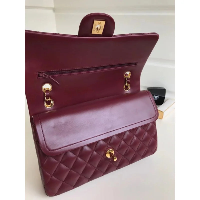 Burgundy Lambskin Leather Flap Bag T203