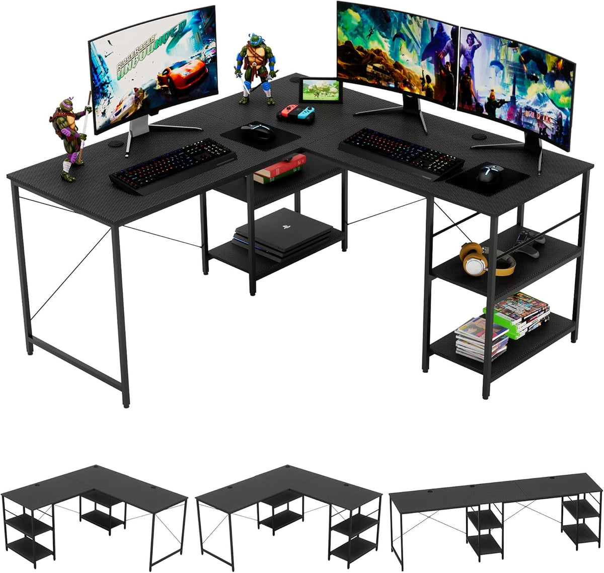 Grey Oak L Shaped Desk with Shelves 95.2 Inch Reversible Corner Computer Desk W42339