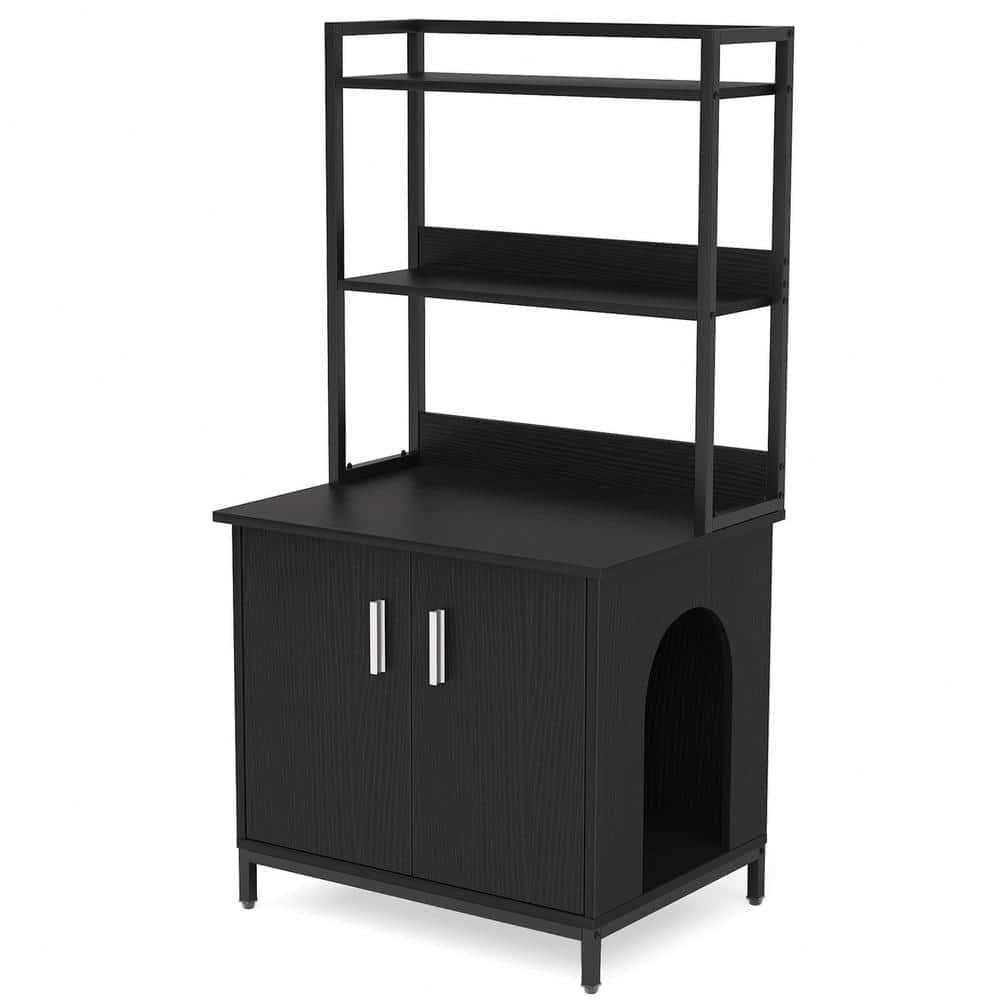 Black Litter Box Enclosure with Shelves and Doors P872039