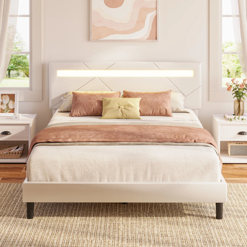 Twin Bed Frame with LED Lights and Adjustable Upholstered Headboard T83562