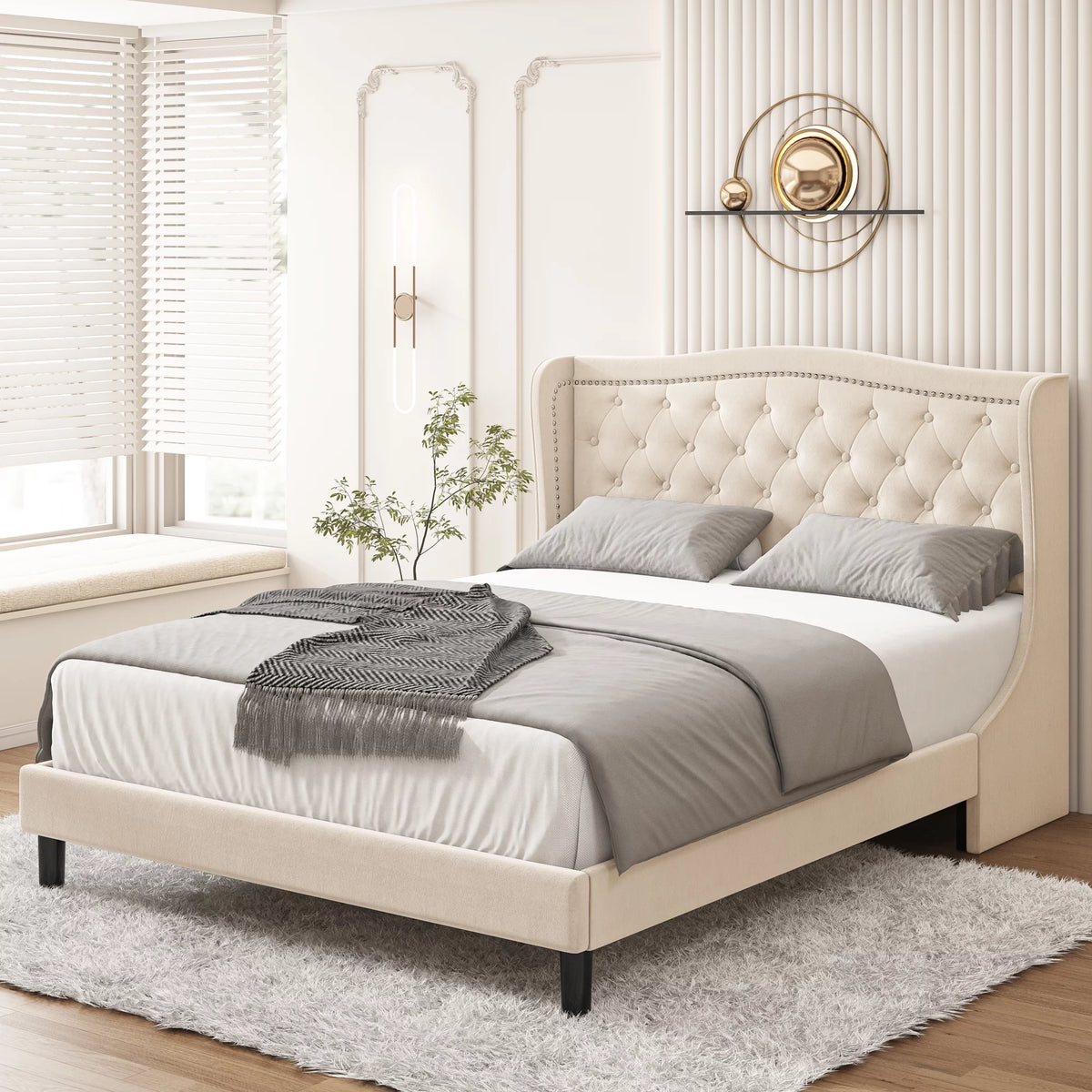King Bed Frame with Wing-Back Button Tufted Upholstered Headboard D2126