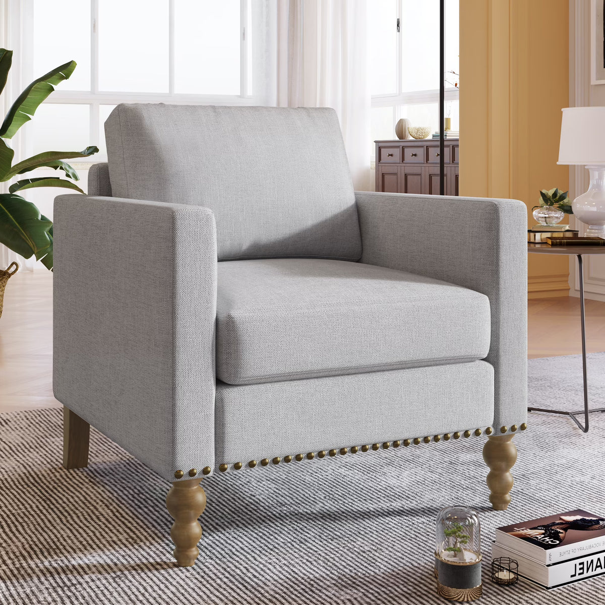 Light Gray Linen Armchair with Wooden Legs C64536