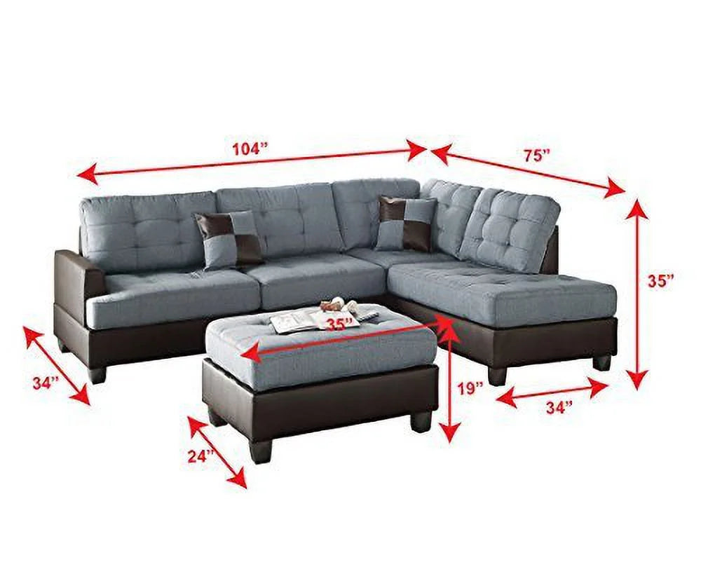 Grey Reversible Sectional Sofa Chaise Ottoman Set with 2 Accent Pillows O73961