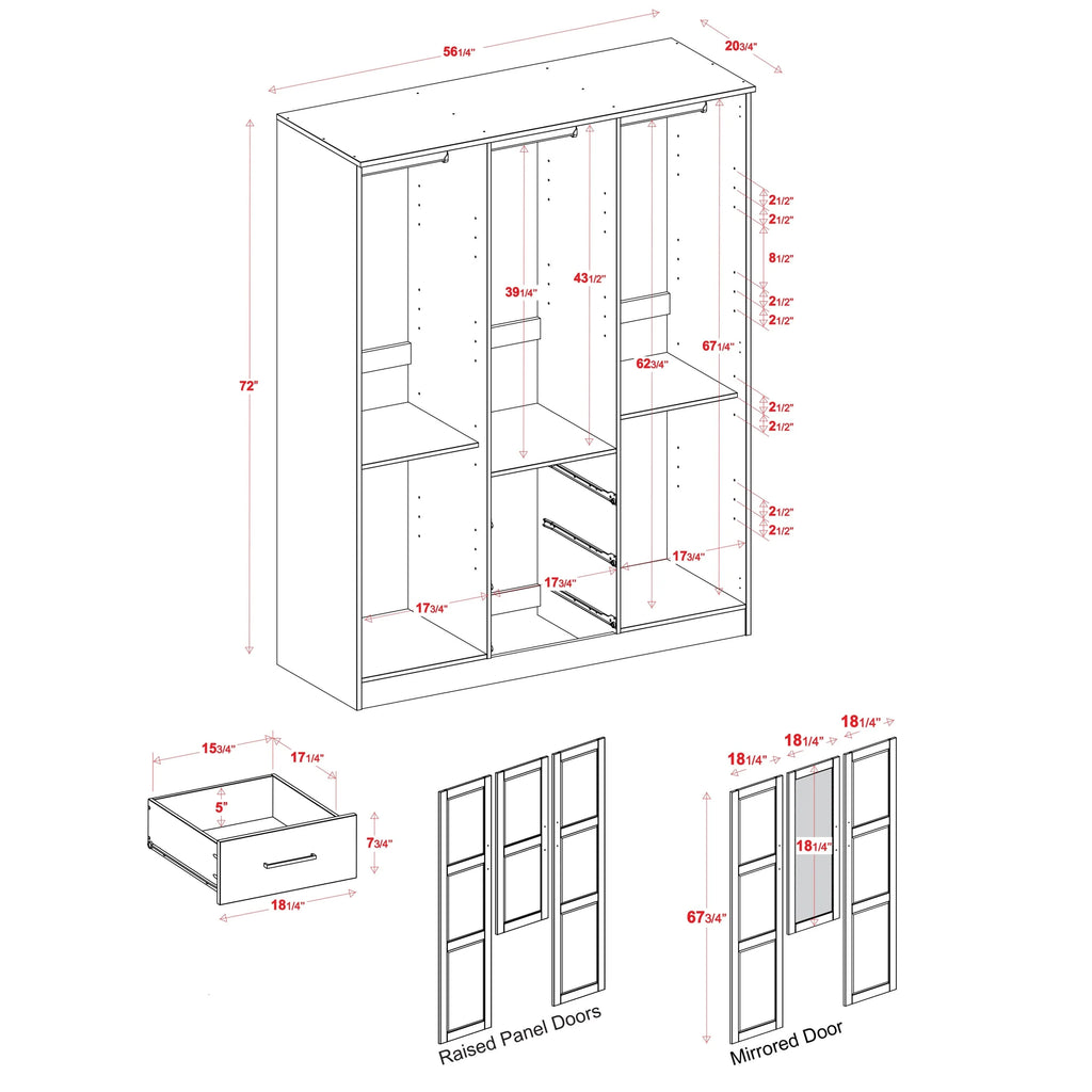 100% Solid Wood 3-Door Wardrobe Armoire B446997