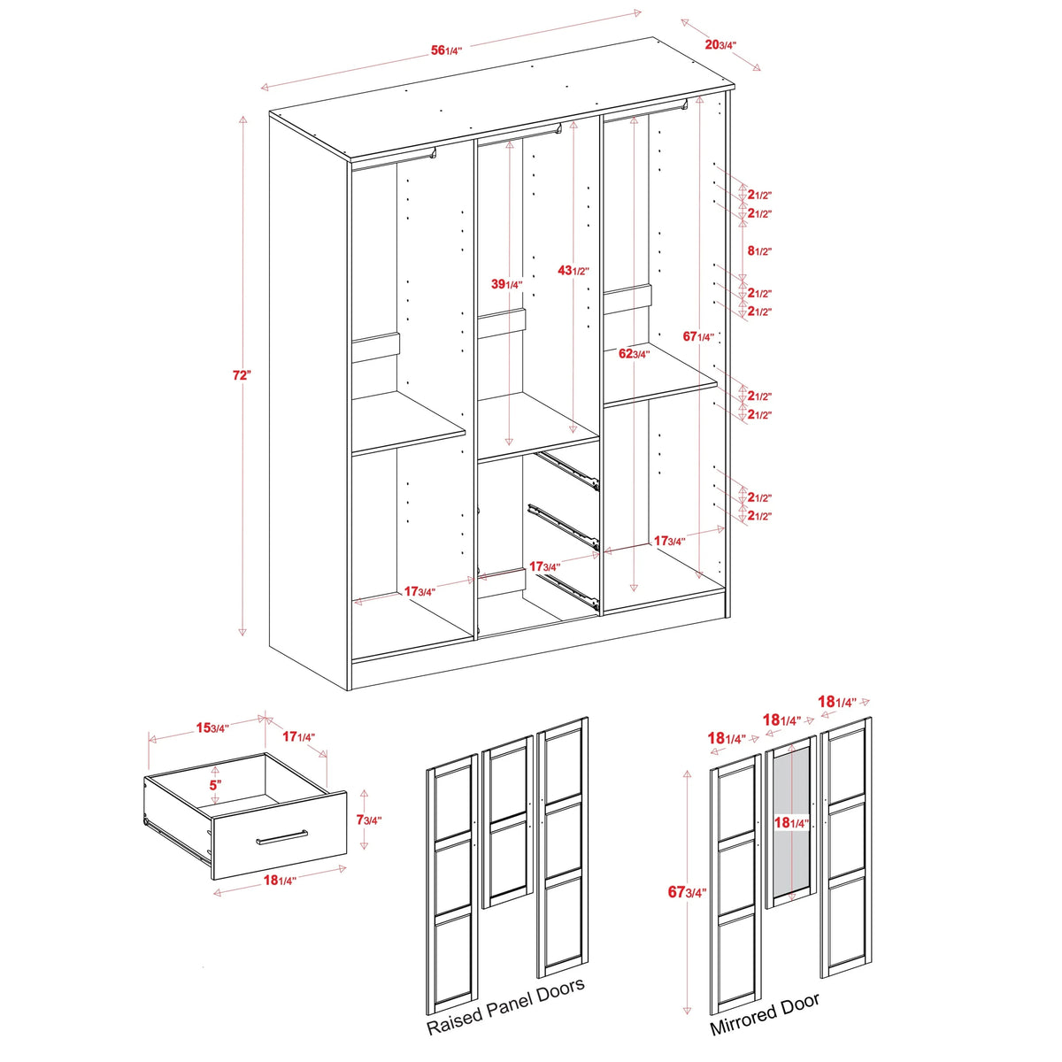 100% Solid Wood 3-Door Wardrobe Armoire B446997