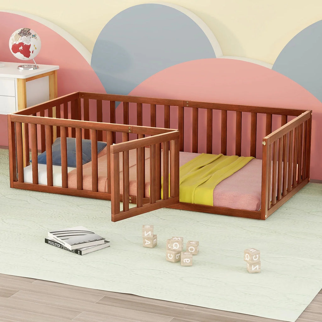Twin Solid Wood Floor Bed Frame with Door & Safety Guardrails D257