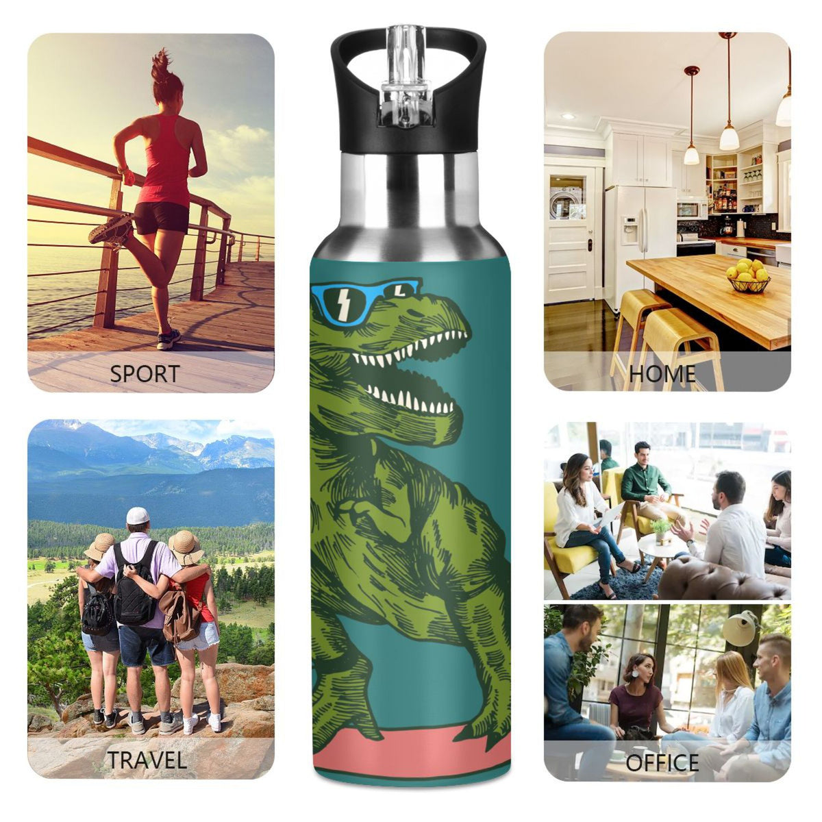 Dinosaur Green Stainless Steel Insulated Water Bottle with Straw Lid I911050