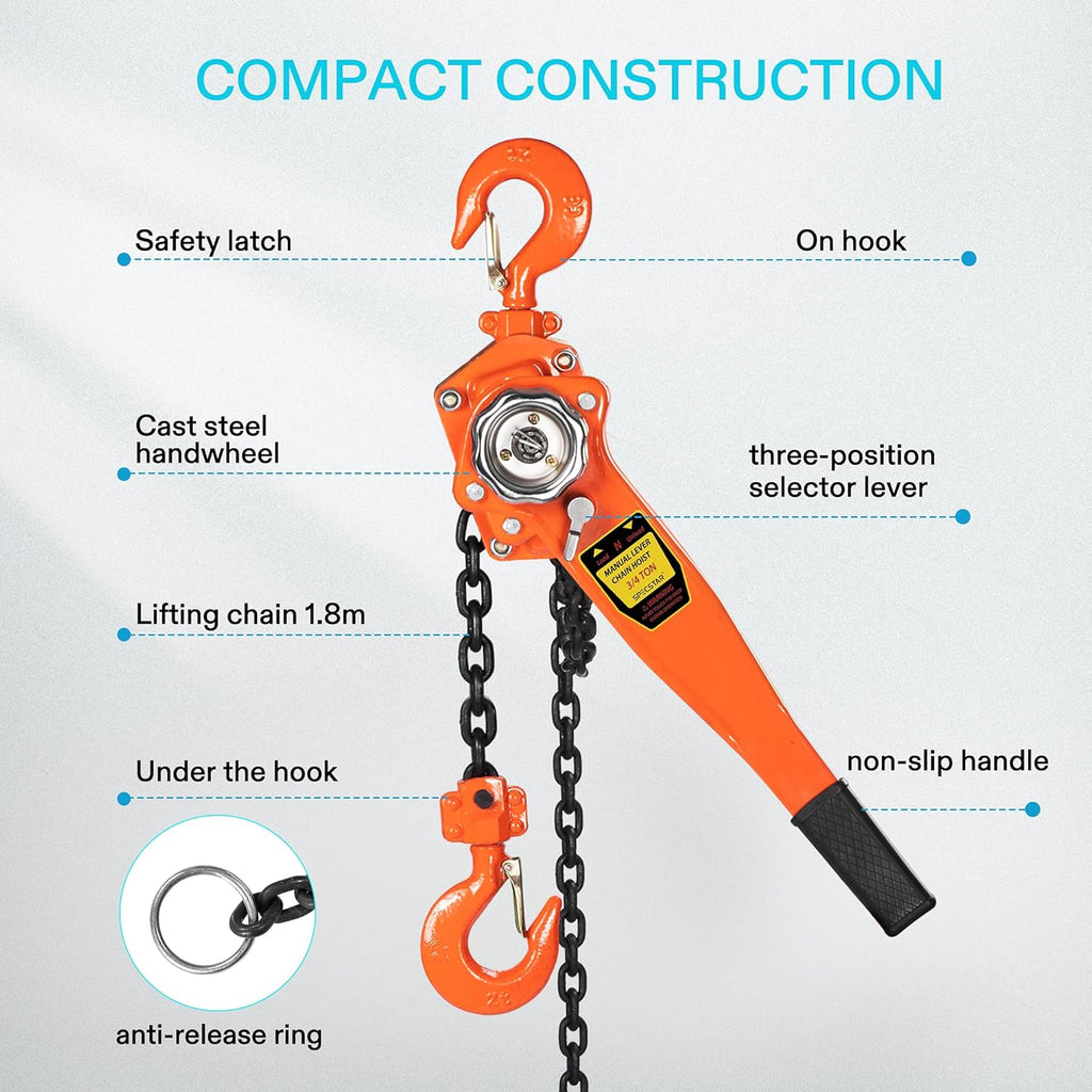 3/4 Ton Capacity 5 Feet Lever Chain Hoist with 2 Hooks J53385