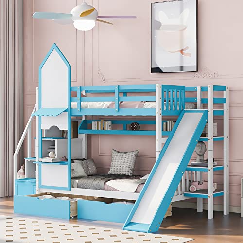 Gray Wood Twin Over Twin Floor Bunk Bed with Storage P9919