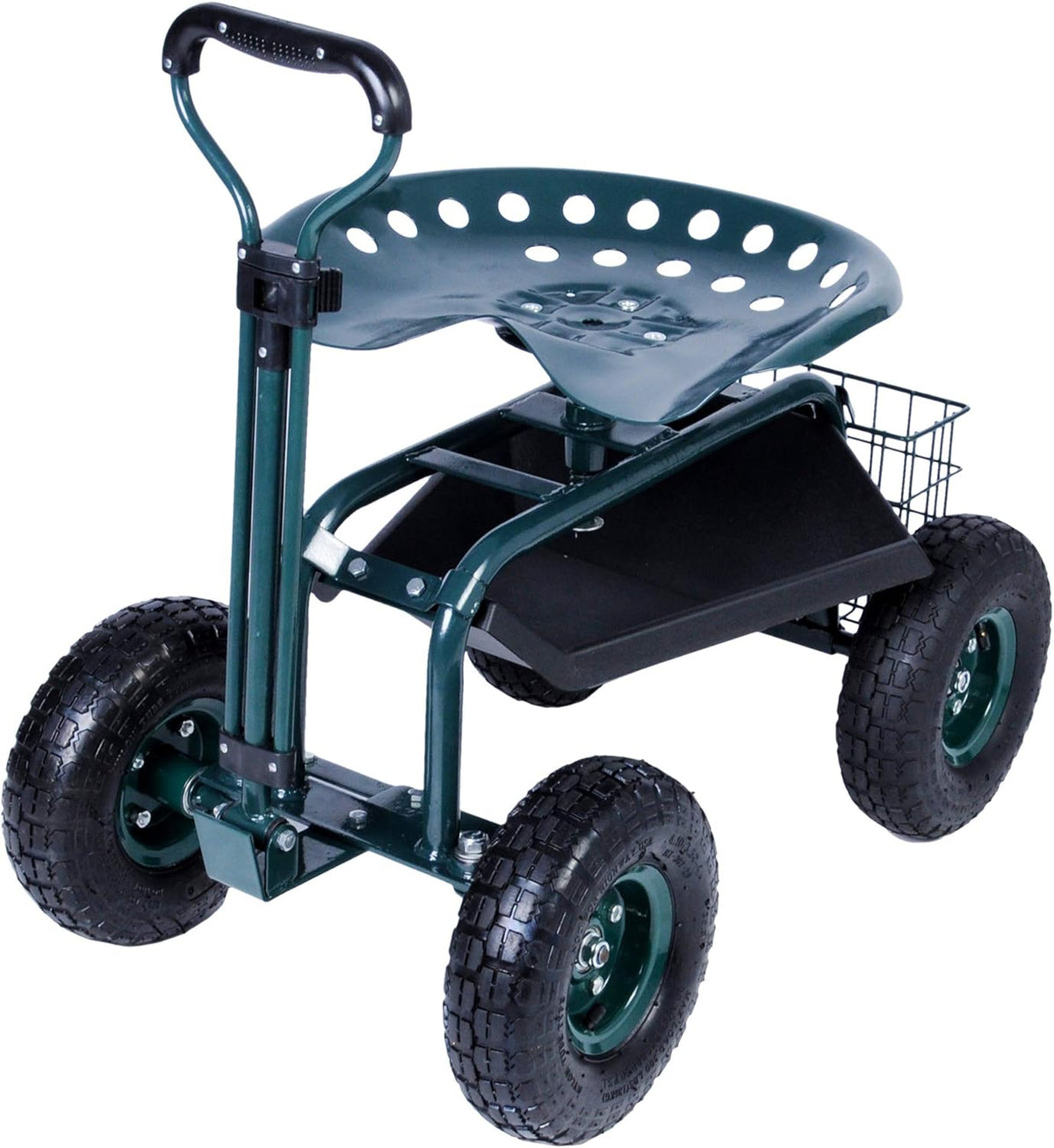 Green Steerable Garden Stool Cart with Tool Tray and Storage Basket on Wheels W83847