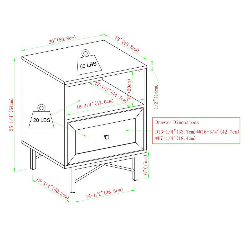 20" 1-Drawer Nightstand in Dark Walnut/White Poplar M32766