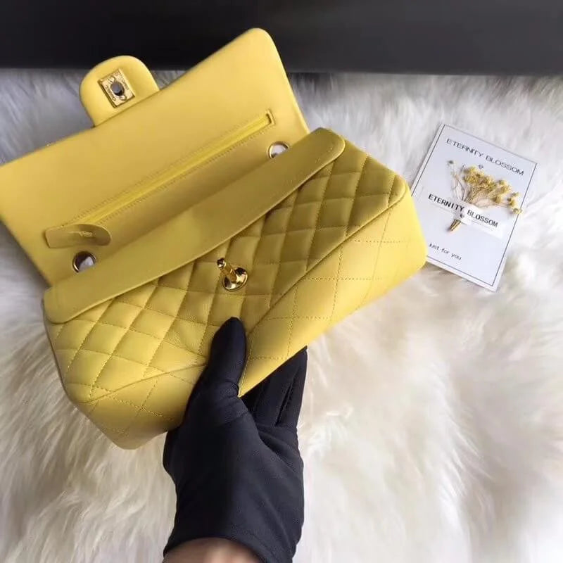 Yellow Medium Lambskin Leather Flap Bag Q55374