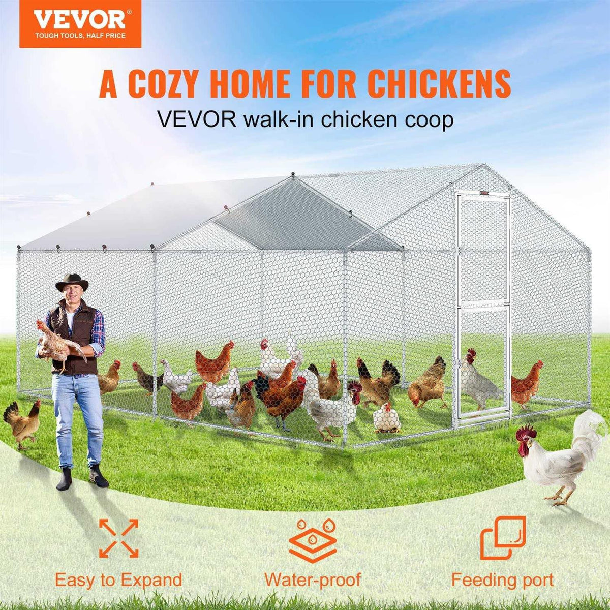 Large Metal Chicken Coop with Run and Waterproof Cover M74687