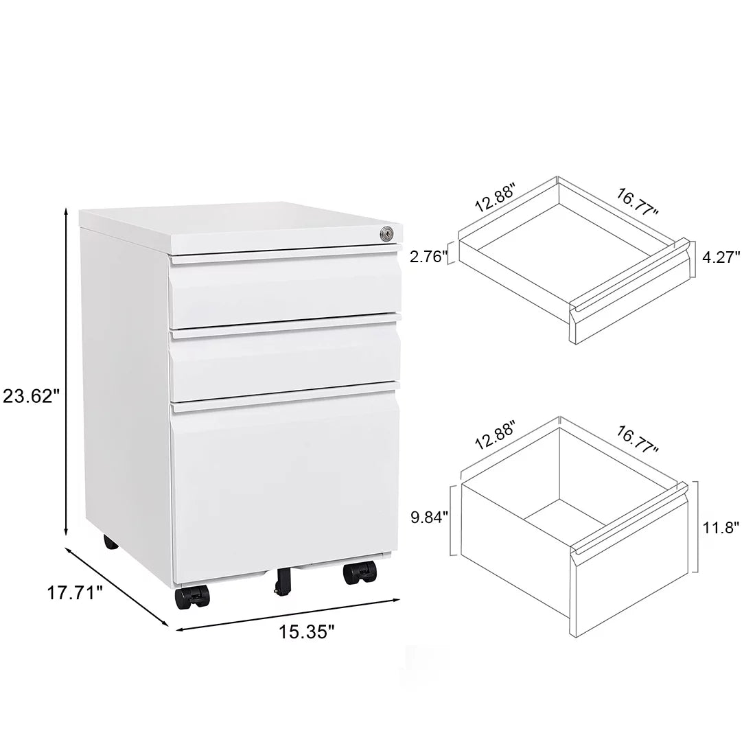 3 Drawer White Mobile File Cabinet with Lock U591
