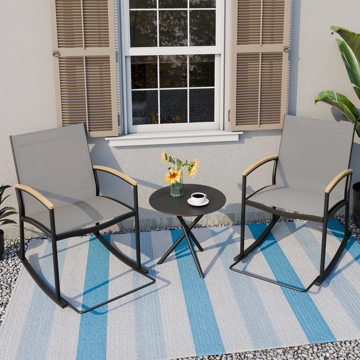 3 Pieces Patio Set Rocking Bistro Textilene Chair Black P704046