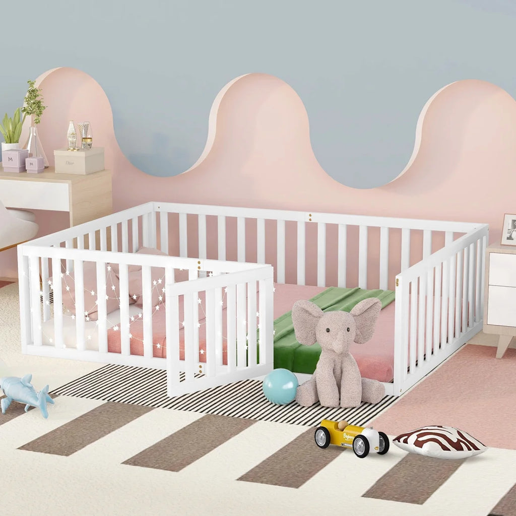 Twin Solid Wood Floor Bed Frame with Door & Safety Guardrails D257