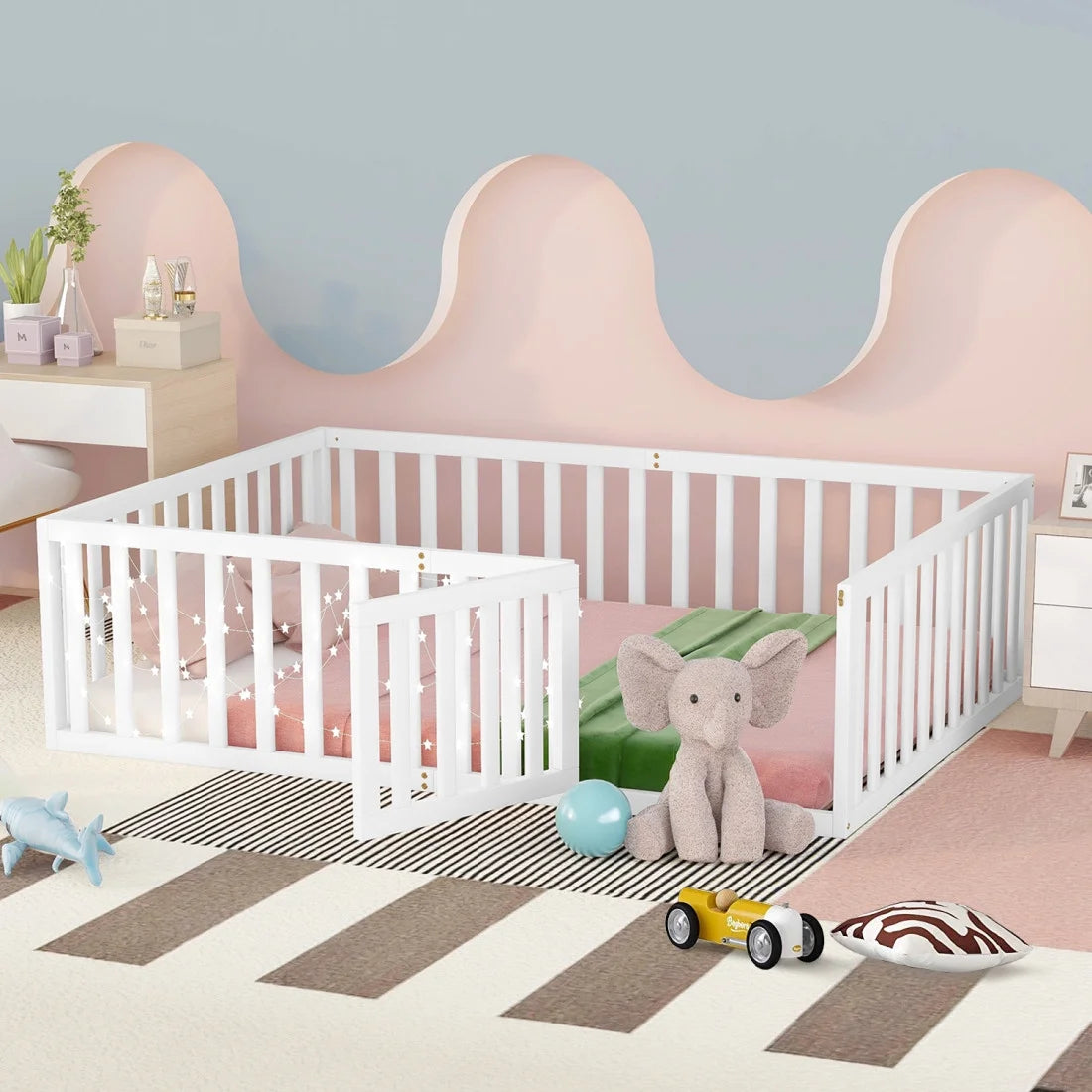Twin Solid Wood Floor Bed Frame with Door & Safety Guardrails D257