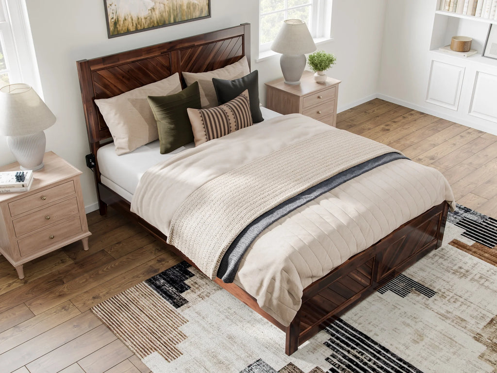 Queen Solid Wood Low Profile Platform Bed with Footboard, Walnut P51953