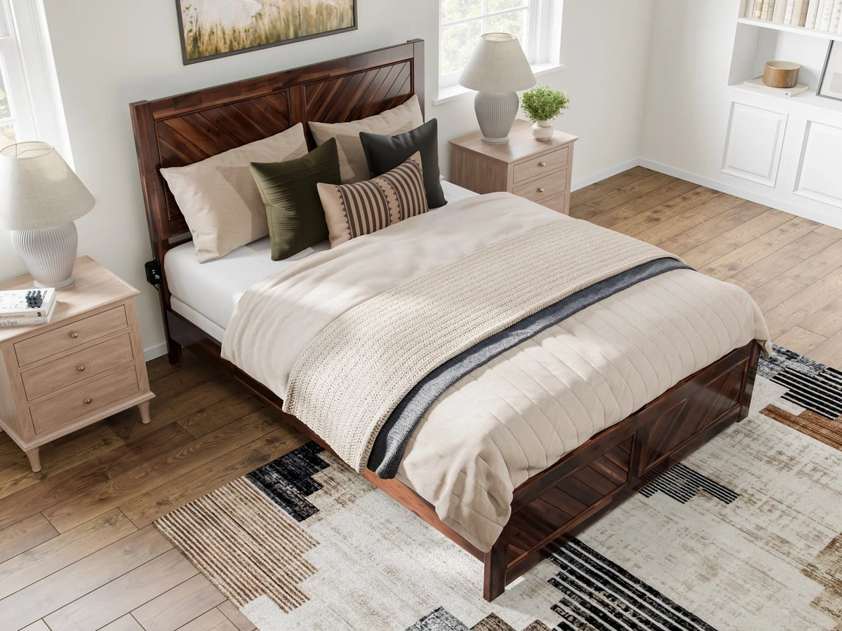 Queen Solid Wood Low Profile Platform Bed with Footboard, Walnut P51953