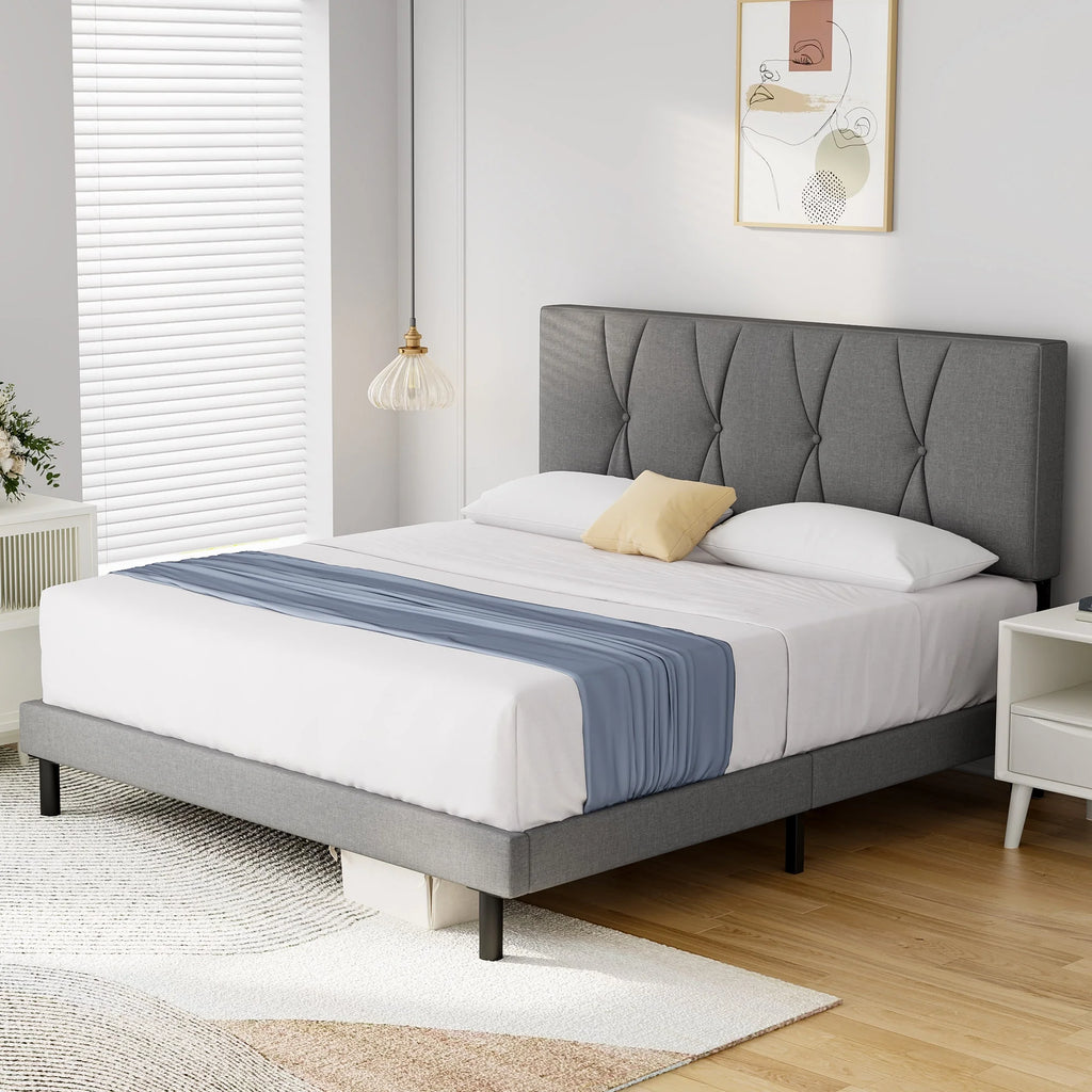 Queen Size Platform Bed with Fabric Upholstered Headboard M8323