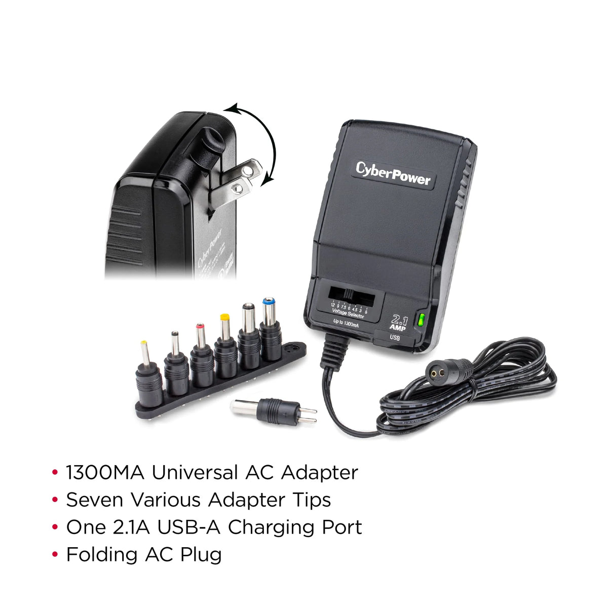 Universal Power Adapter 3 -12 Volt / 1300mA with Folding AC Plug and 2.1 Amp USB Charge Port D73794