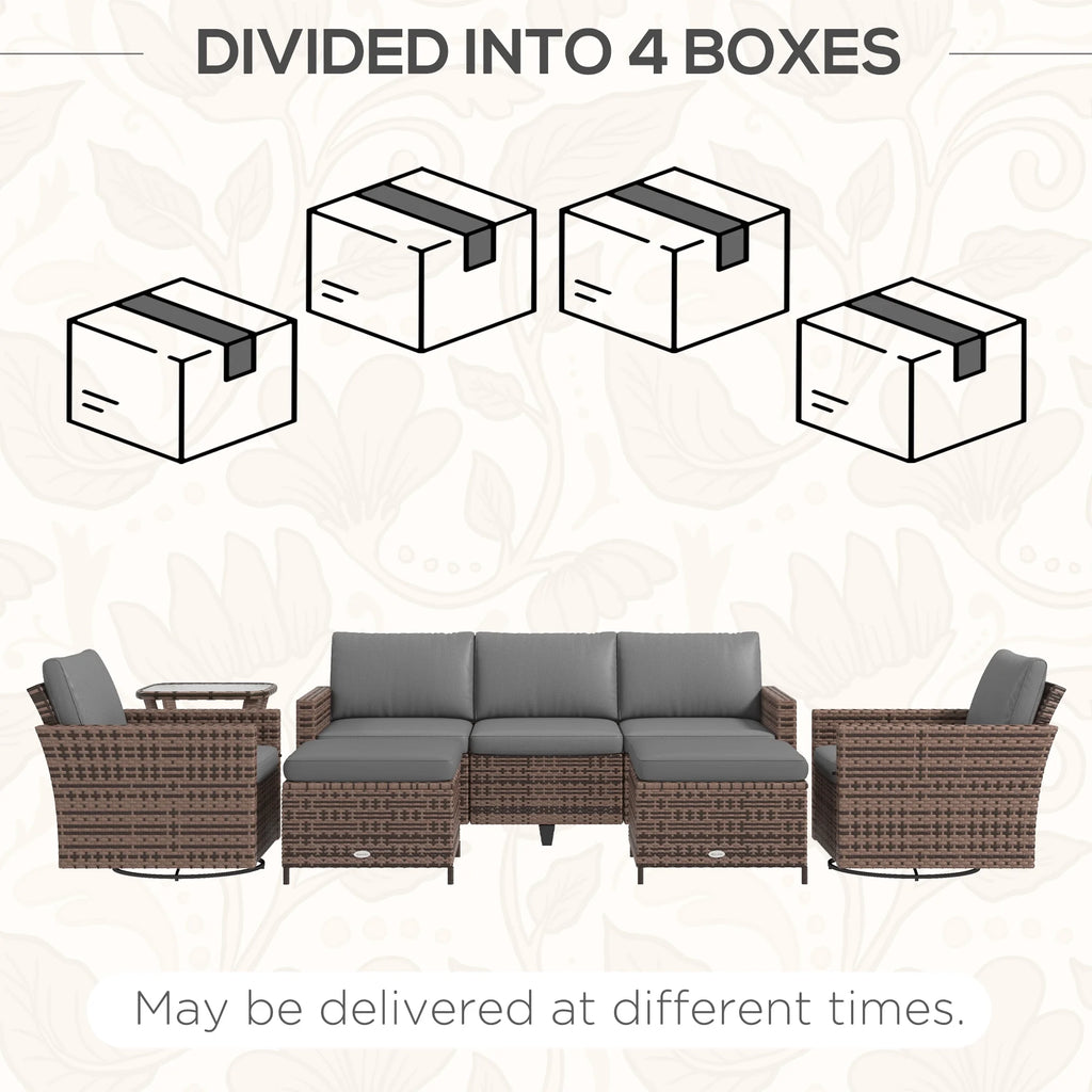 6pc Patio Furniture Set with Couch, Swivel Rocking Chairs, Brown T53600