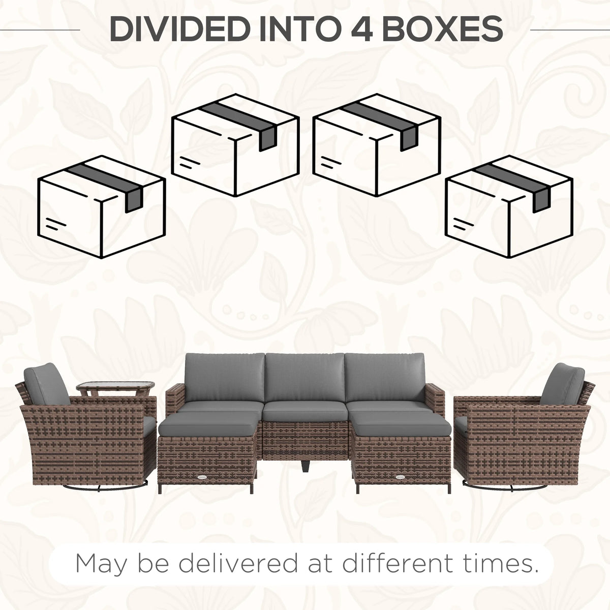 6pc Patio Furniture Set with Couch, Swivel Rocking Chairs, Brown T53600