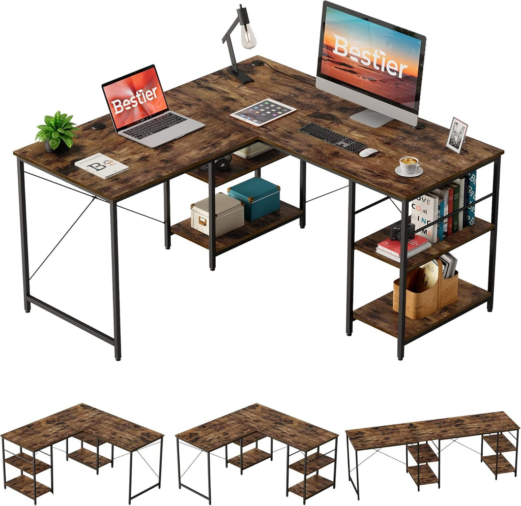 Grey Oak L Shaped Desk with Shelves 95.2 Inch Reversible Corner Computer Desk W42339