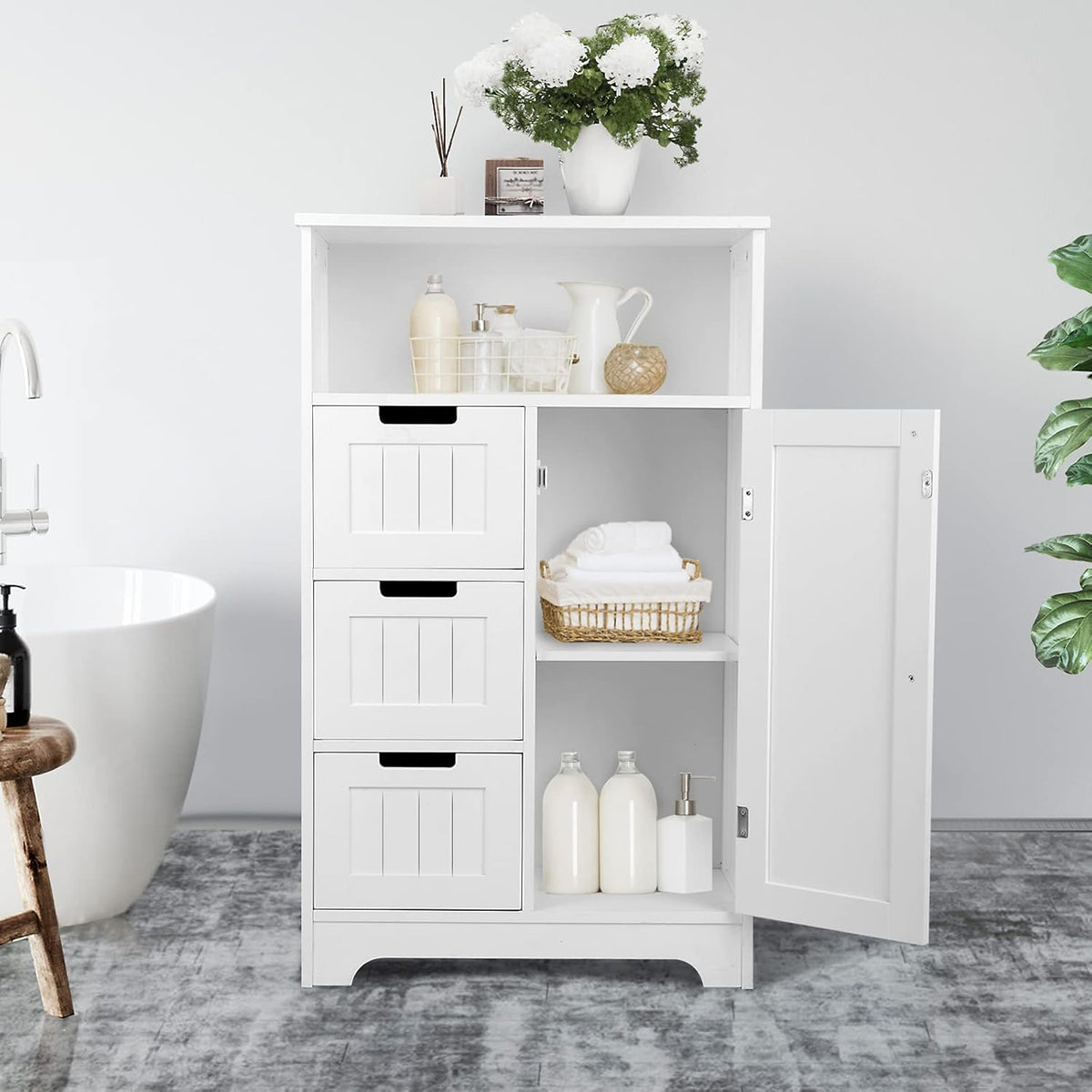 White Wood Bathroom Floor Cabinet with 3 Drawers and 1 Door I82588