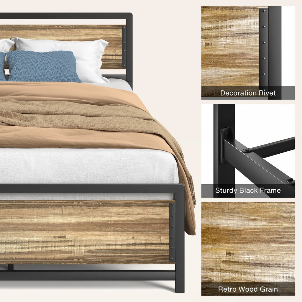 Queen Size Metal Platform Bed Frame with Wooden Headboard Footboard A44853