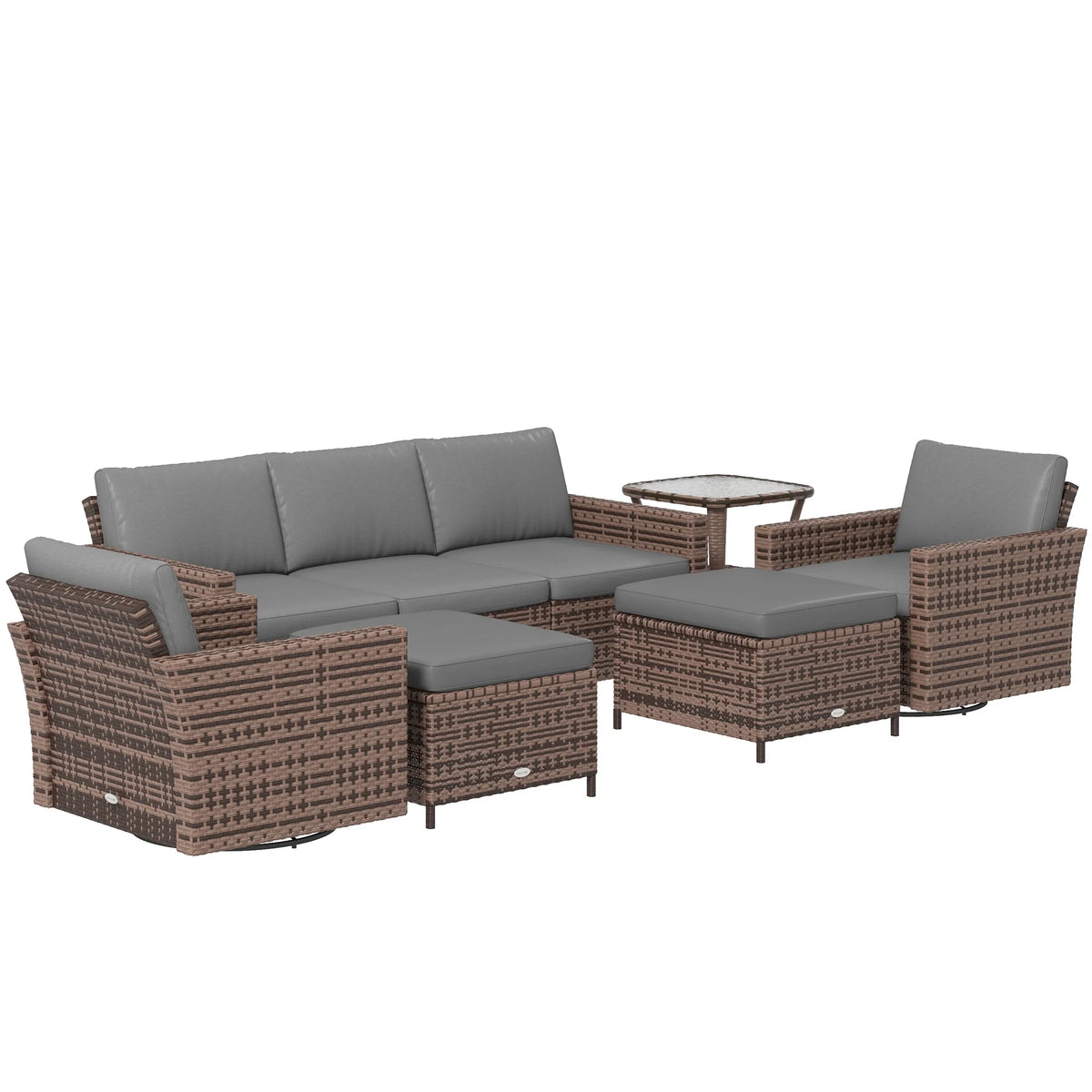6pc Patio Furniture Set with Couch, Swivel Rocking Chairs, Brown T53600