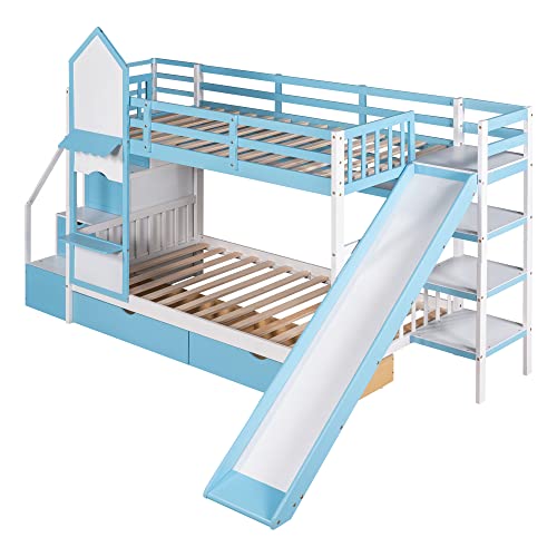 Gray Wood Twin Over Twin Floor Bunk Bed with Storage P9919